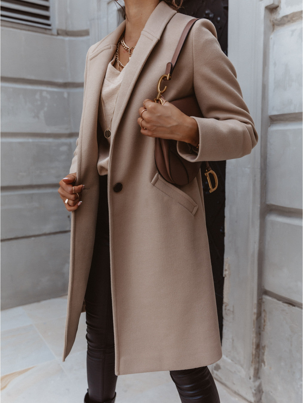 Lapel Mid-Length Button Woolen Coat Women