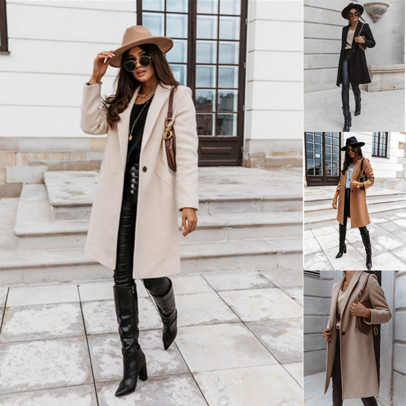 Lapel Mid-Length Button Woolen Coat Women