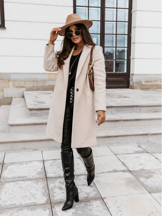 Lapel Mid-Length Button Woolen Coat Women