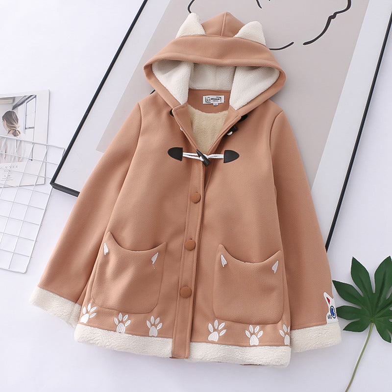 Japanese Woolen College Cow-button Hooded Coat