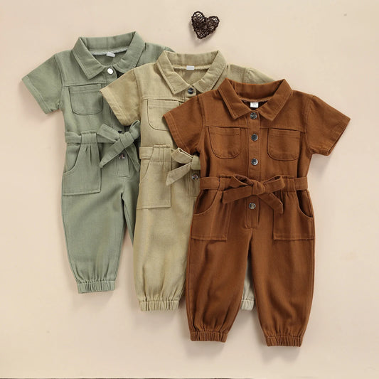 2021-05-05 Lioraitiin 1-5Years Toddler Baby Girl’s Casual Long Sleeve Jumpsuit Fashion Solid Lapel Pocket Single-breasted Pants