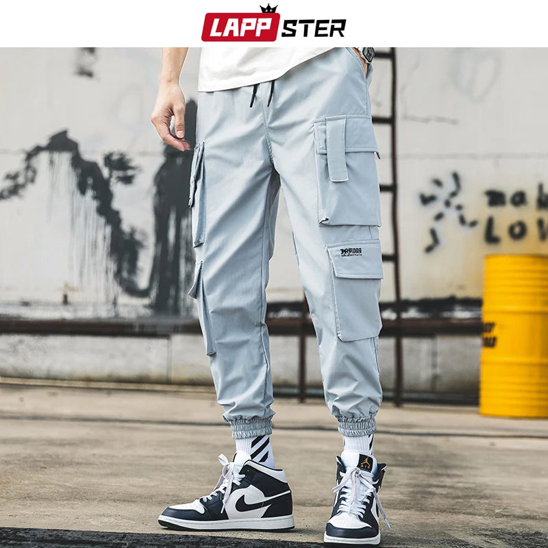 LAPPSTER Men Black Embroidery Joggers Pants 2023 Man Streetwear Cargo Pants Male Pocket Sweatpants Grey Tactical Pants Plus Size