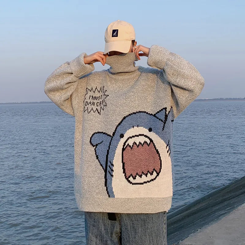 ZAZOMDE Men Turtlenecks Shark Sweater Men 2022 Winter Patchwor Harajuku Korean Style High Neck Oversized Grey Turtleneck For Men