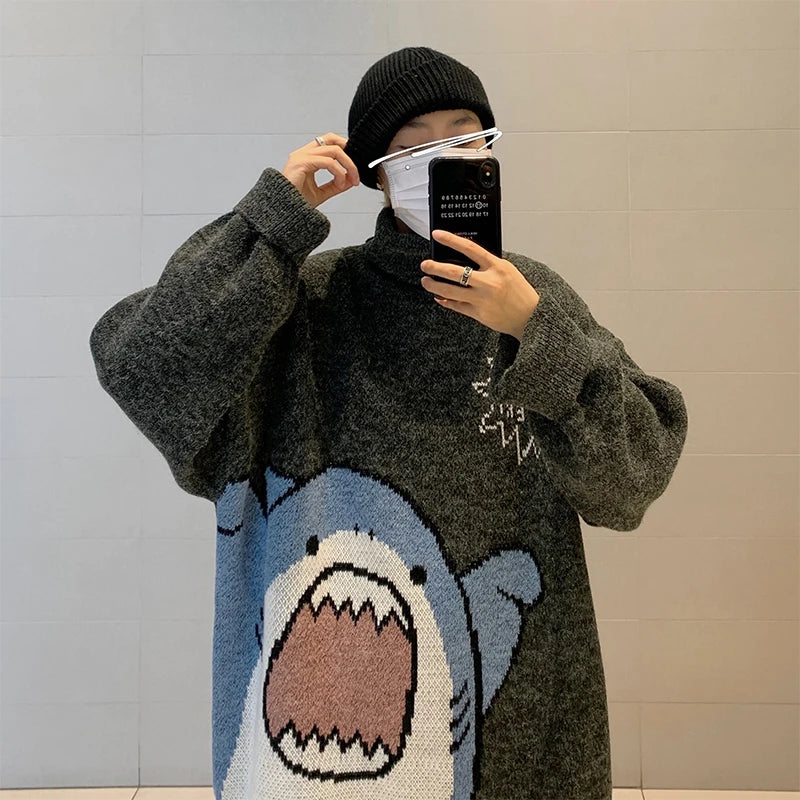 ZAZOMDE Men Turtlenecks Shark Sweater Men 2022 Winter Patchwor Harajuku Korean Style High Neck Oversized Grey Turtleneck For Men