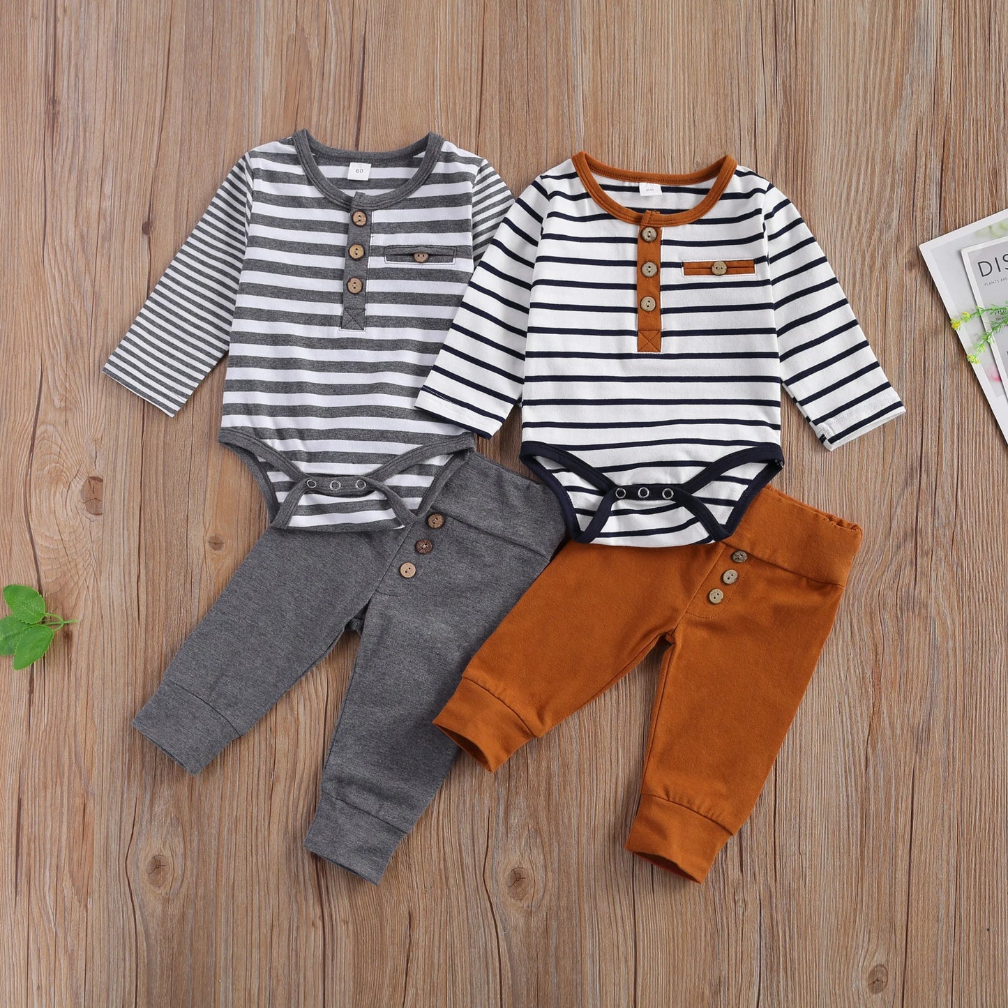 lioraitiin 2 Pcs Baby Boy Girl Casual Suit Clothing Round Neck Long Sleeve Stripe Romper Button Decoration Loose Trousers