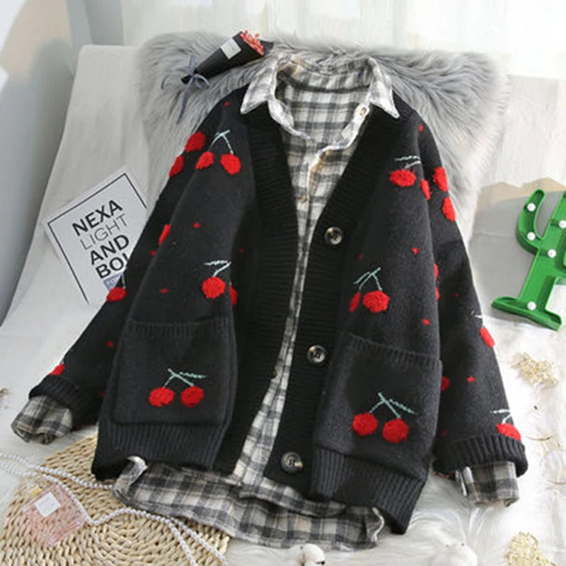 AZYT Fruit Cherry Embroidery Knitted Cardigan Loose Knit Pull Femme Autumn Winter V Neck Oversize Woman Sweater Cardigan Jacket