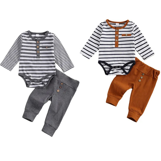 lioraitiin 2 Pcs Baby Boy Girl Casual Suit Clothing Round Neck Long Sleeve Stripe Romper Button Decoration Loose Trousers
