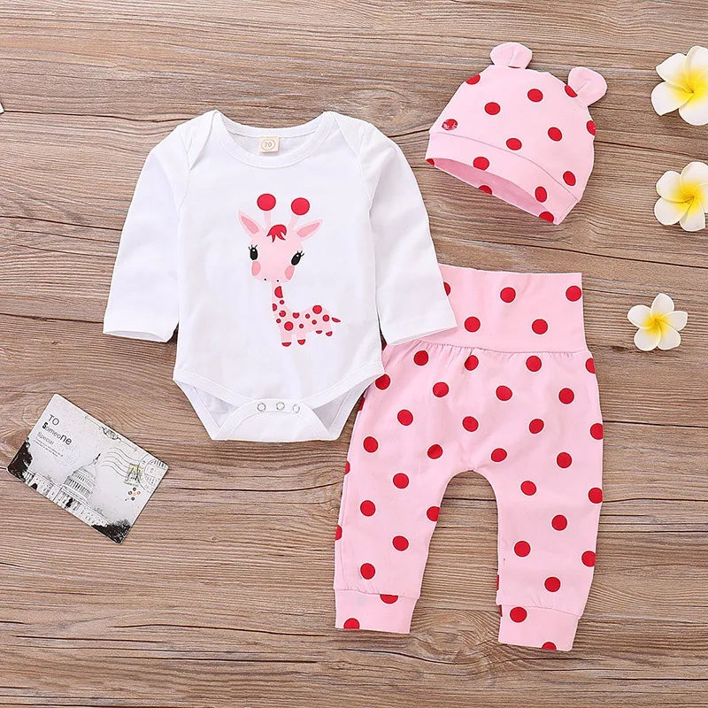 Spring Fall Cotton Newborn Baby Girl Clothes 0-3 Months Polka Dot Unisex Infant Clothes Set Boy 3-piece Clothing With Hat