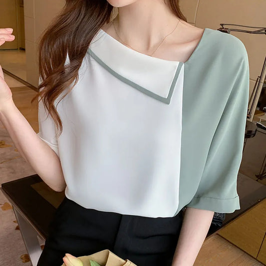 Blusas Mujer De Moda 2022 New Loose Chiffon Shirt Women&#39;s Blouses and Tops Skew Collar Short Sleeve Solid Elegantes Female 1069