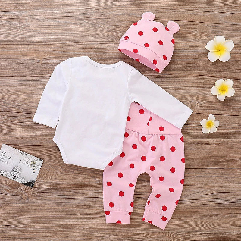 Spring Fall Cotton Newborn Baby Girl Clothes 0-3 Months Polka Dot Unisex Infant Clothes Set Boy 3-piece Clothing With Hat