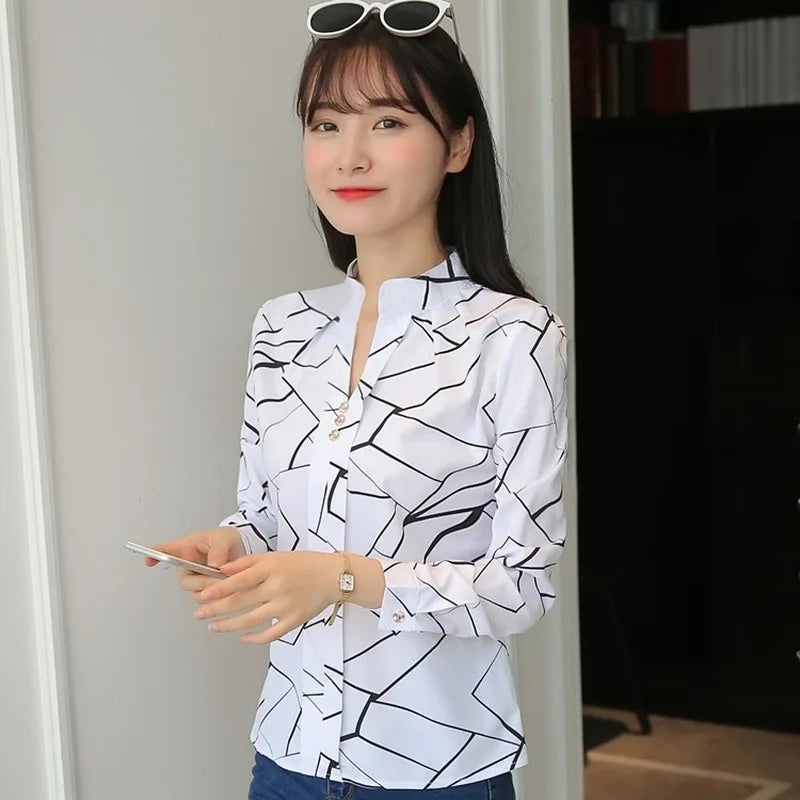 JFUNCY Women White Tops Women&#39;s Blouses Fashion Stripe Print Casual Long Sleeve Office Lady Work Shirts Female Slim Blusas