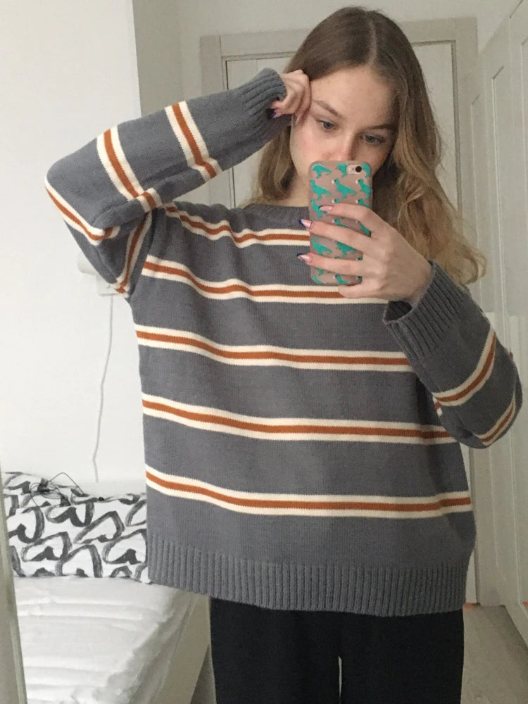 Vintage Stripe Sweaters Women Loose Oversize Korean Style Pullover Top Autumn Winter Long Sleeve  Knitted Sweater Femme 2020