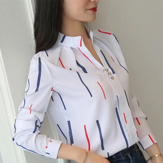 JFUNCY Women White Tops Women&#39;s Blouses Fashion Stripe Print Casual Long Sleeve Office Lady Work Shirts Female Slim Blusas