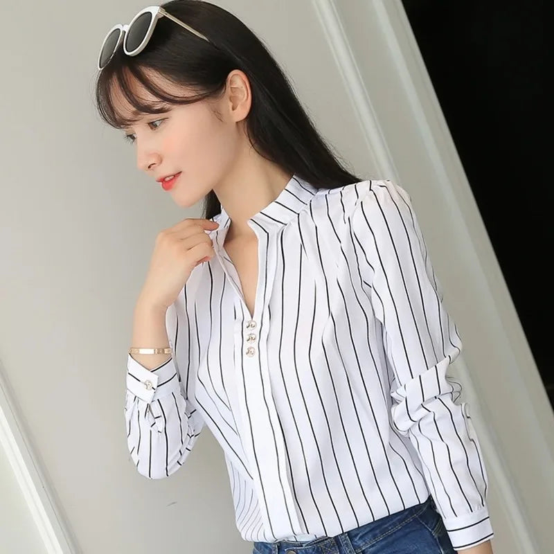 JFUNCY Women White Tops Women&#39;s Blouses Fashion Stripe Print Casual Long Sleeve Office Lady Work Shirts Female Slim Blusas