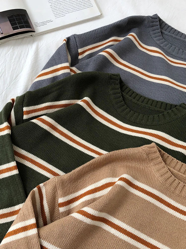 Vintage Stripe Sweaters Women Loose Oversize Korean Style Pullover Top Autumn Winter Long Sleeve  Knitted Sweater Femme 2020
