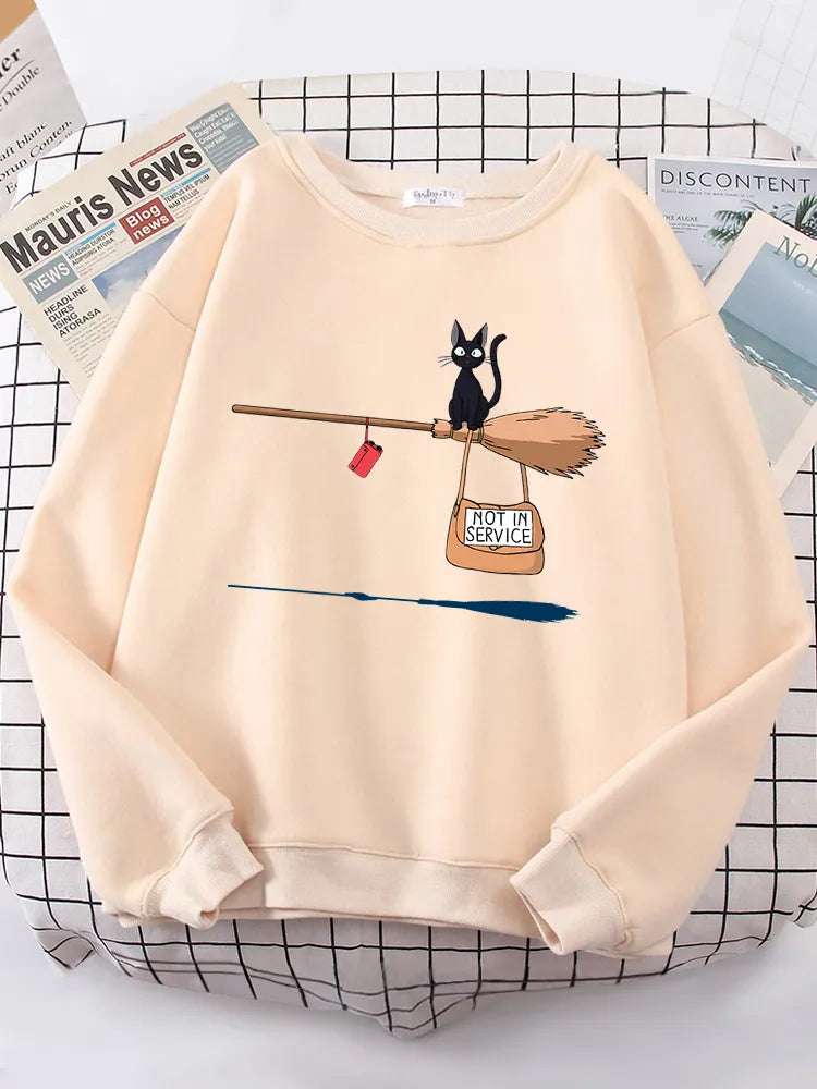 Cute Cat Not In Service Print Hoodies Women Casual Crewneck Sportswear Fleece Warm Fleece Sweatshirt Loose Hoody Autumn Clothes