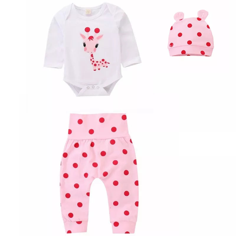 Spring Fall Cotton Newborn Baby Girl Clothes 0-3 Months Polka Dot Unisex Infant Clothes Set Boy 3-piece Clothing With Hat