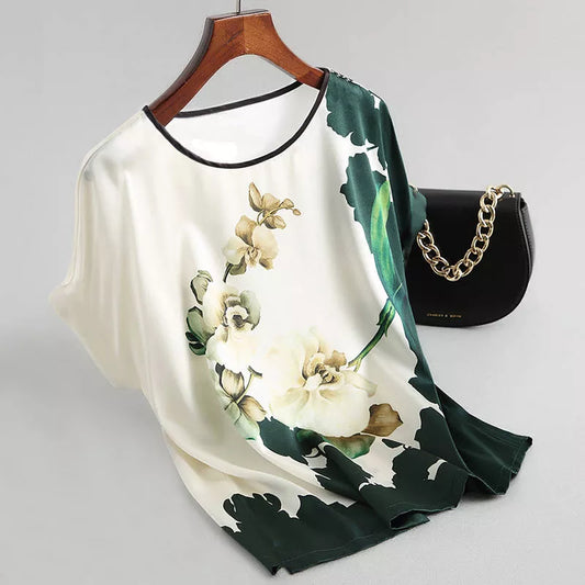 Fashion Floral Print Blouse Pullover Ladies Silk Satin Plus Size Batwing Sleeve Vintage T-shirt Casual Short Sleeve Tops