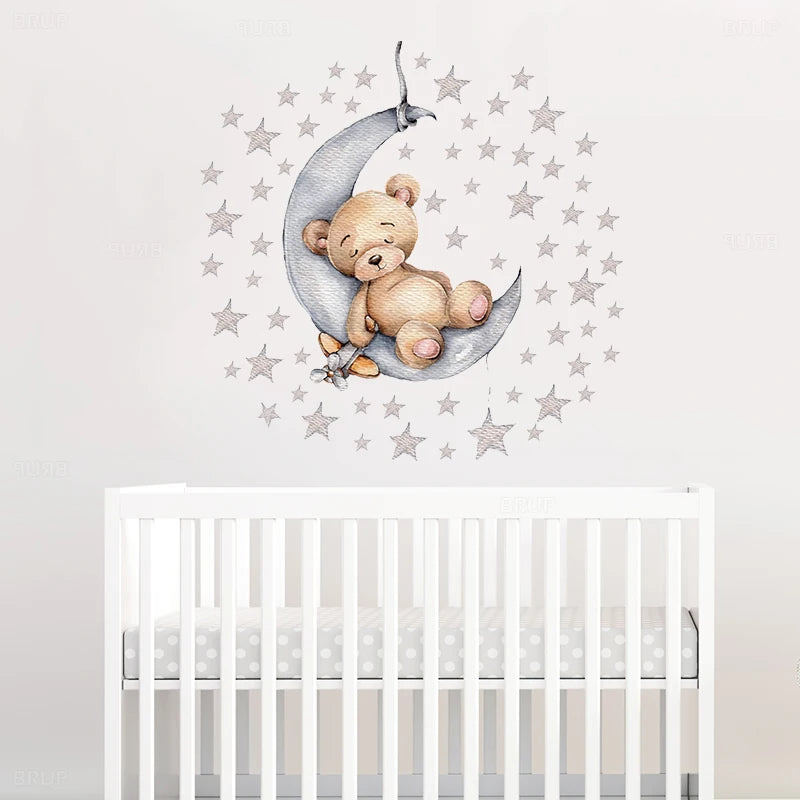 Cartoon Teddy Bear Sleeping on the Moon and Stars Wall Stickers for Kids Room Baby Room Decoration Wall Decals Room Interior