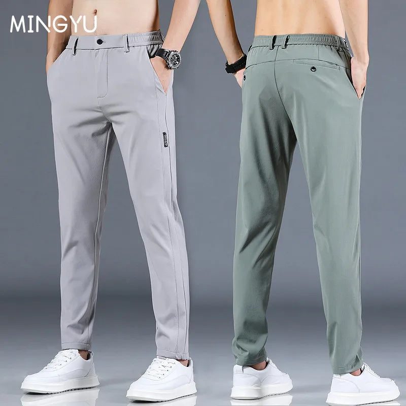 Mingyu Brand Summer Men&#39;s Casual Pants Men Trousers Male Pant Slim Fit Work Elastic Waist Black Green Grey Light Trousers 28-38