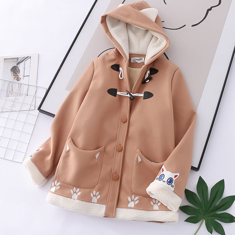 Japanese Woolen College Cow-button Hooded Coat